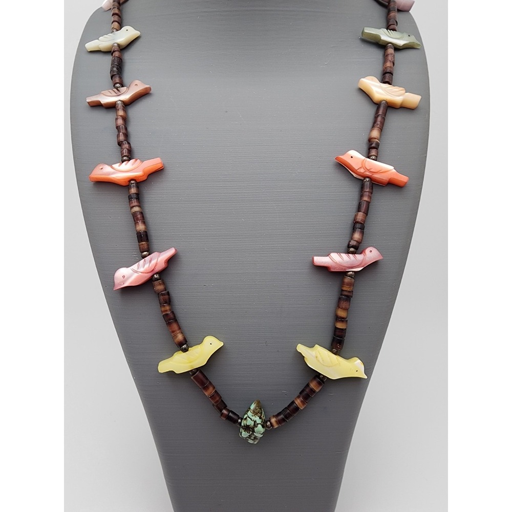 Southwestern Carved Bird Fetish Heishi Bead Necklace Multicolor Boho Turquoise - Picture 4 of 8